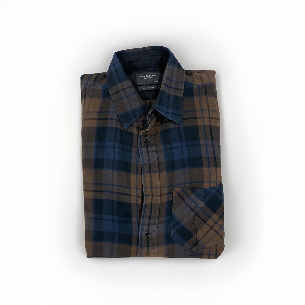 RAG AND BONE MENS FLANNEL SHIRT FIT 3 SMALL BROWN/BLUE GREAT CONDITION!